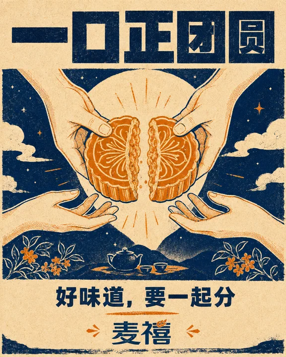 麦禧中秋:月饼分享瞬间的丝网版画插画