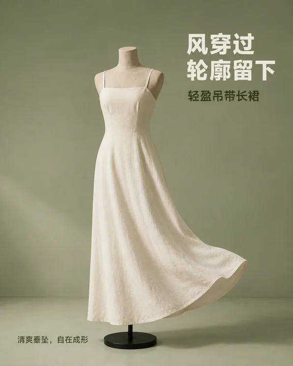 风过留影:鼠尾草绿意境夏日吊带长裙海报