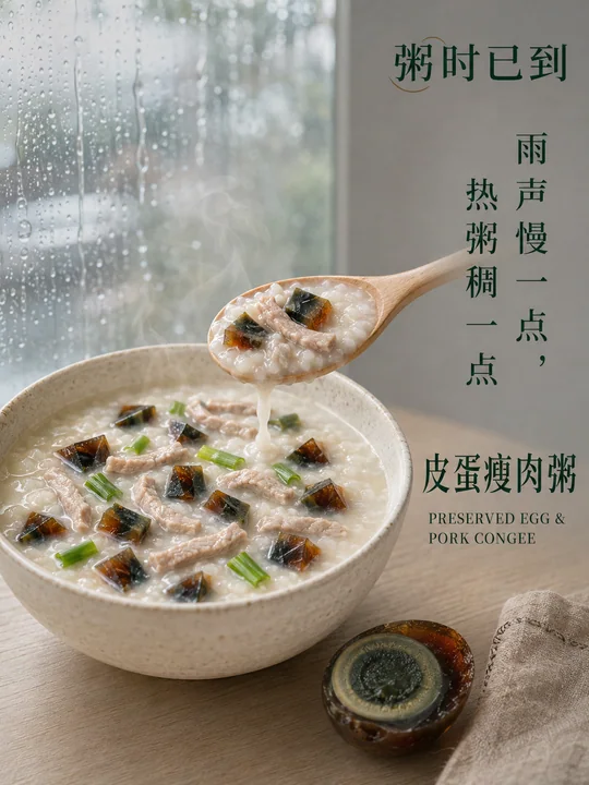 雨幕下的温热皮蛋瘦肉粥品牌海报