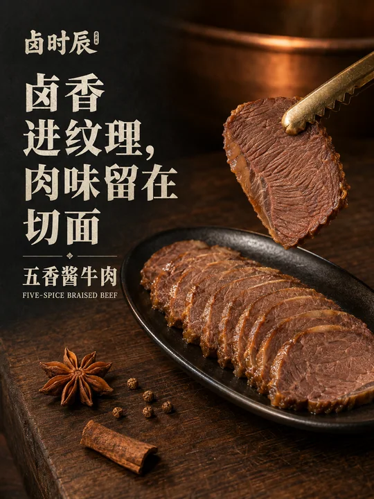 卤时辰五香酱牛肉微距美食摄影海报