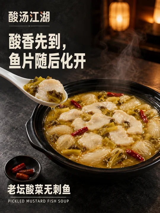 酸汤江湖:老坛酸菜无刺鱼极简食欲海报