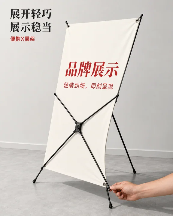 极简工业美学:便携X展架安装瞬间