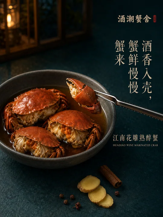 酒潮蟹舍:江南花雕熟醉蟹微距美食海报