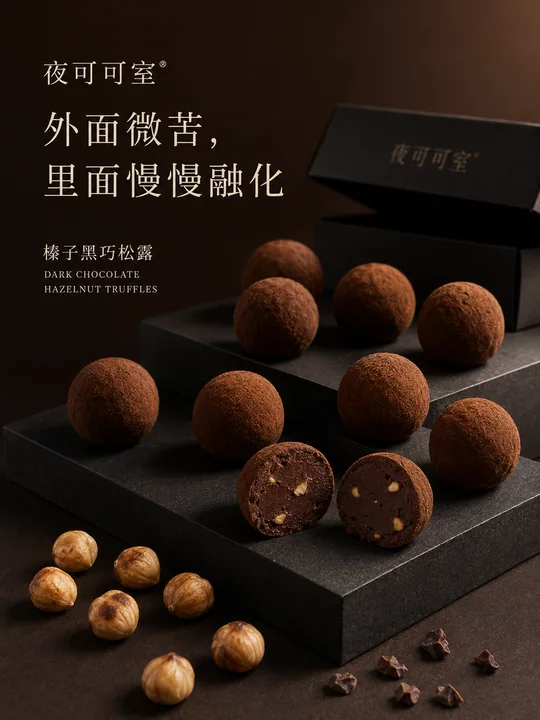 夜可可室精品榛子黑巧松露截面海报