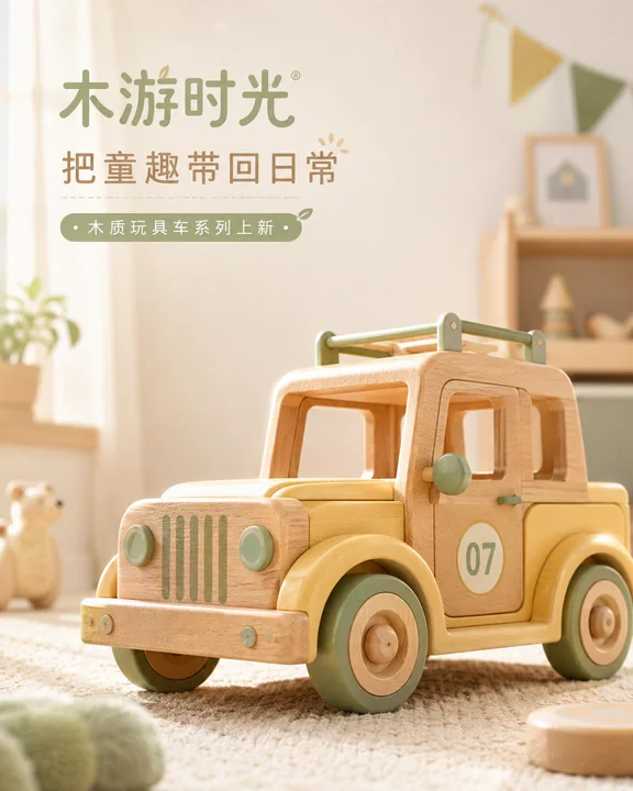 高端实木玩具车品牌视觉社媒封面