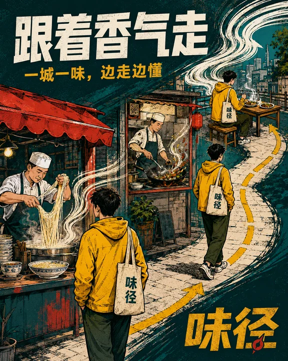 味径城市美食漫游插画跟着香气识城