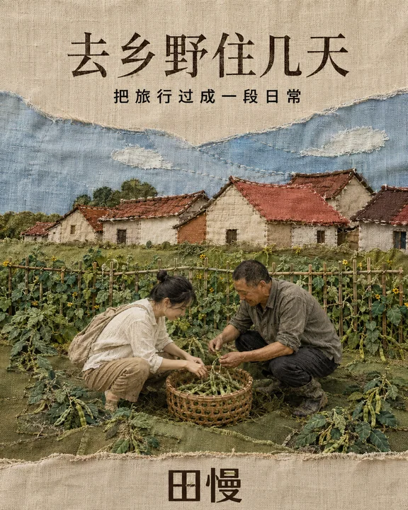织物拼贴乡野美学：田慢品牌文旅创意海报
