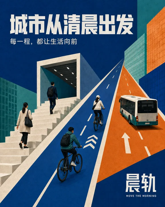 晨轨:几何拼贴风城市通勤商业插画