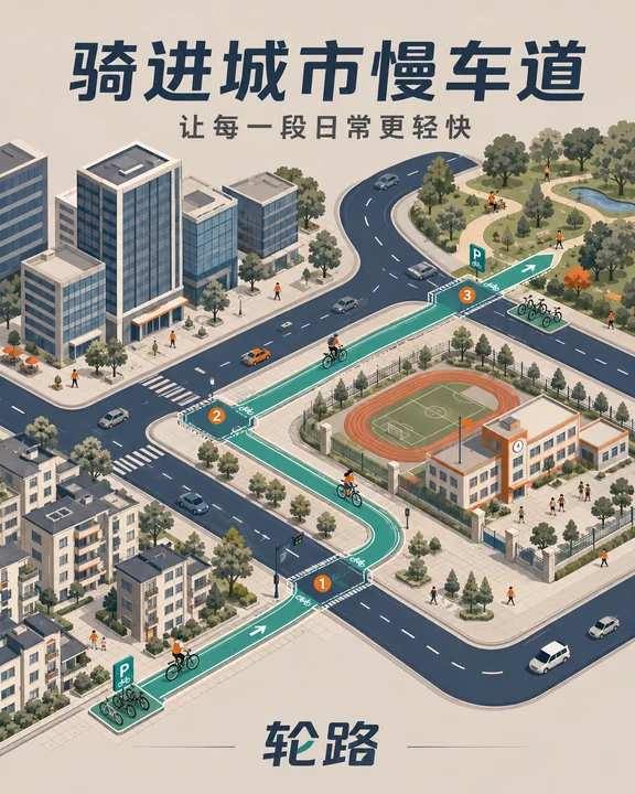 轮路品牌城市慢行系统插画海报