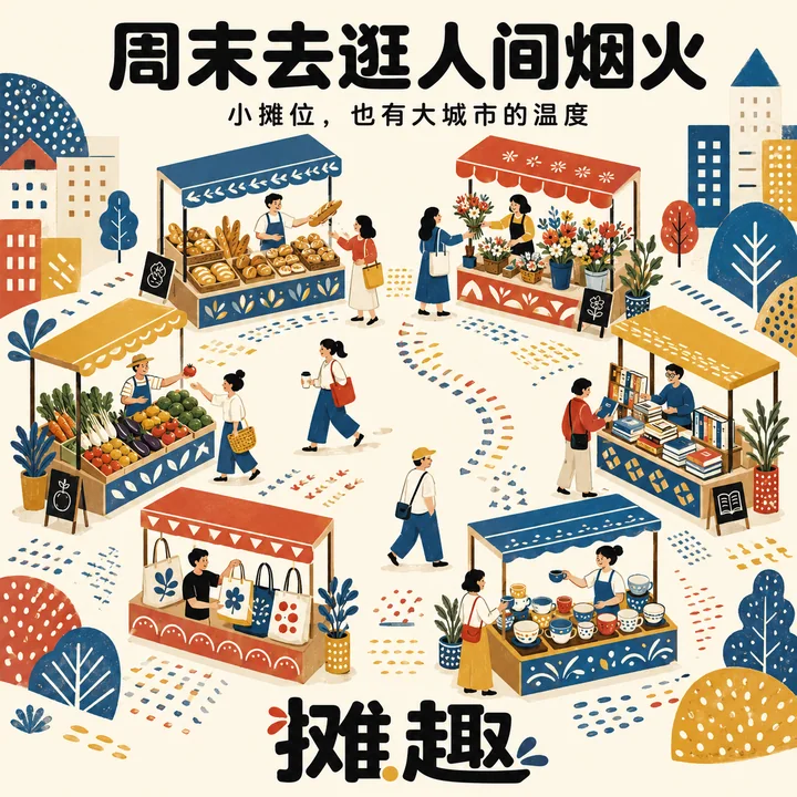 城市烟火气：摊趣品牌周末市集插画