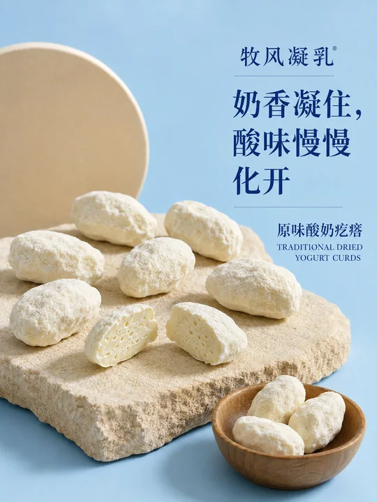 牧风凝乳:新疆酸奶疙瘩极简美学海报