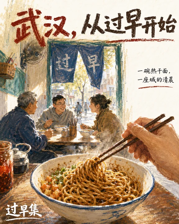 烟火武汉：过早集油画棒创意插画