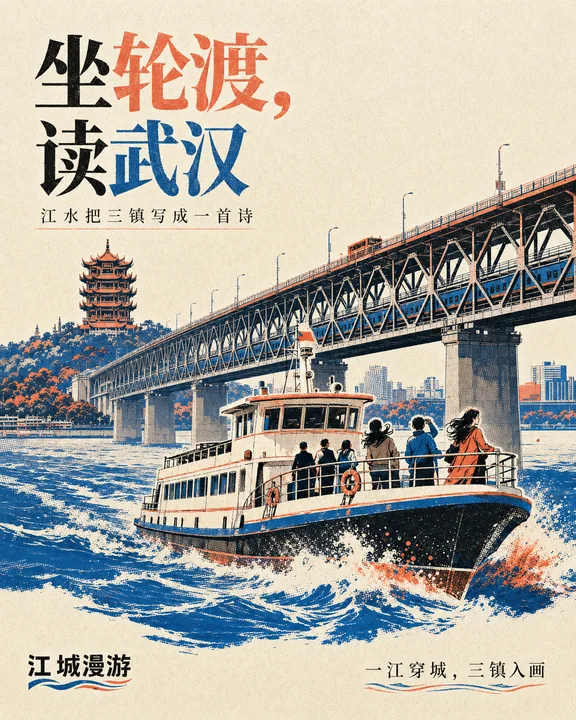 坐轮渡读武汉：江城漫游丝网版画海报