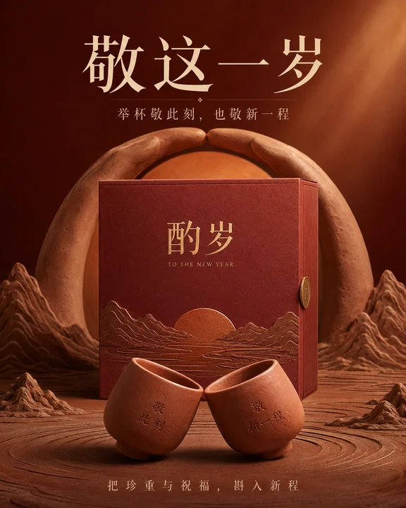 酌岁品牌春节陶土雕塑风商业艺术插画