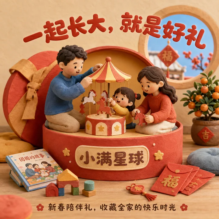 小满星球新春黏土风亲子陪伴礼盒插画