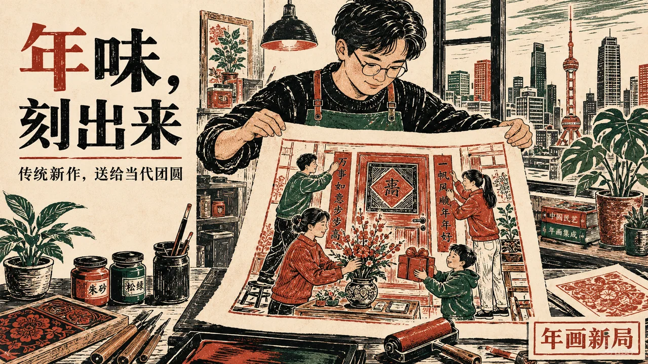 年味刻进生活：现代木刻版画国潮插画