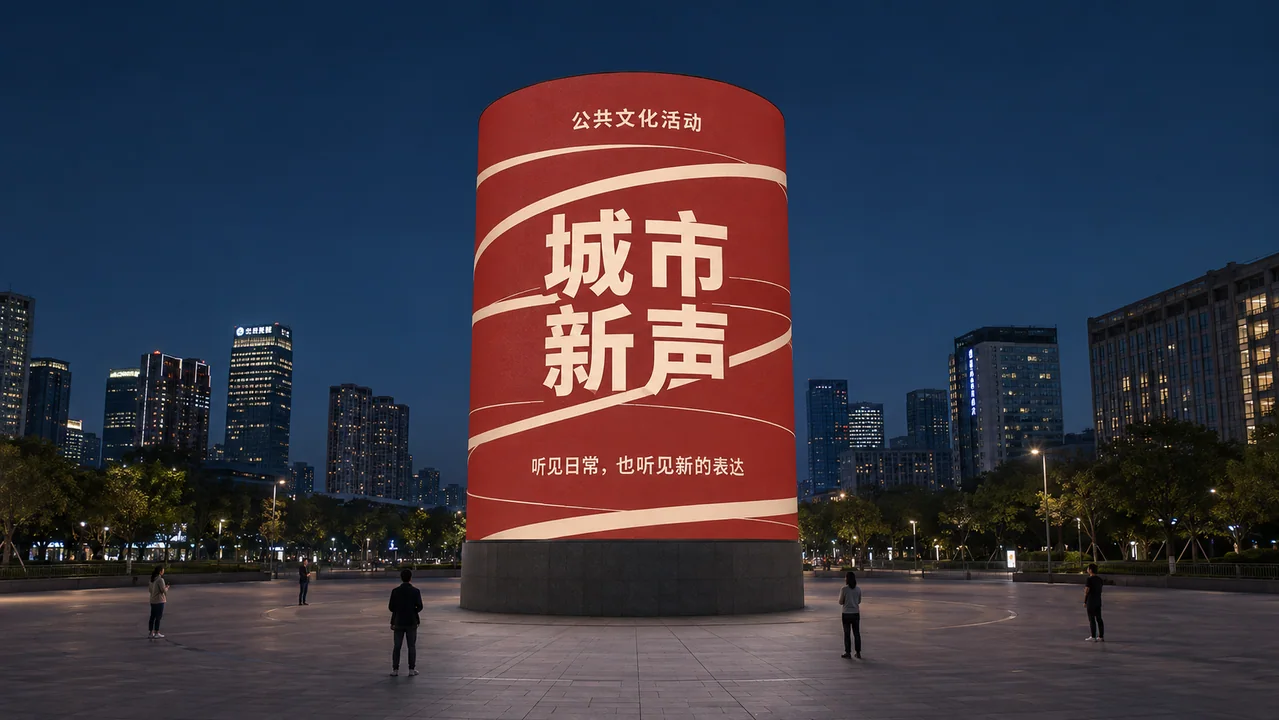砖红暖白圆柱巨幕城市新声主视觉