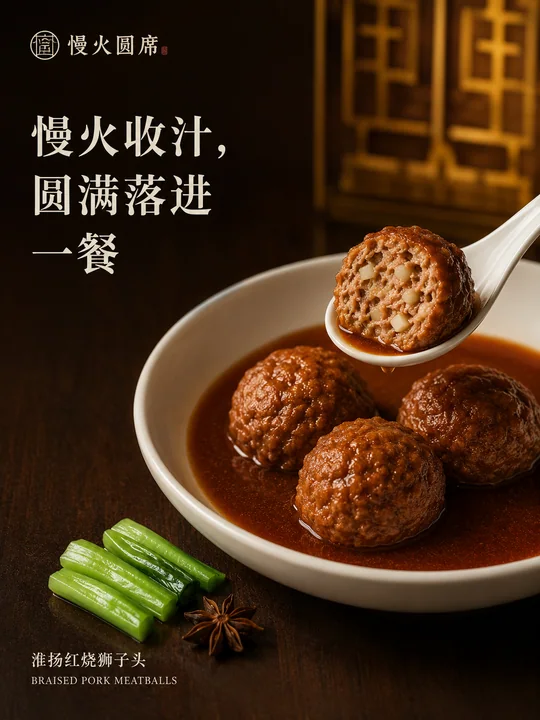 慢火圆席淮扬狮子头品牌海报