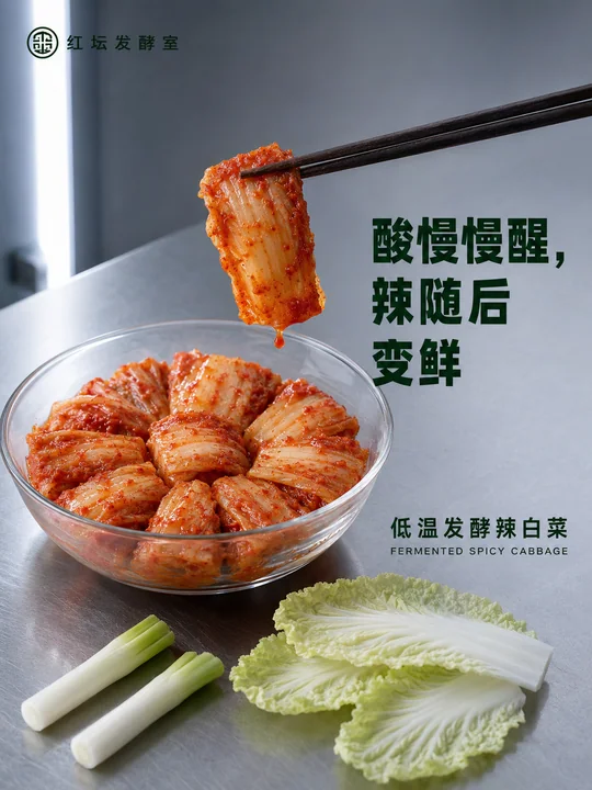 红坛发酵室低温辣白菜微距美食海报
