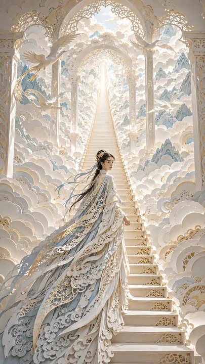 东方女性梦境无尽长阶立体纸雕艺术