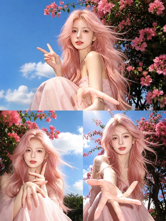 蓝天三角梅下浅粉长发少女日常快照