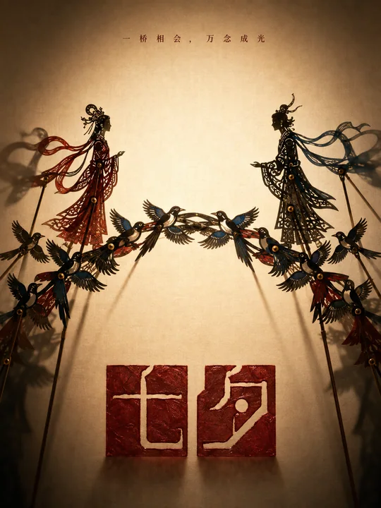 绝美七夕皮影戏：鹊桥相会艺术海报