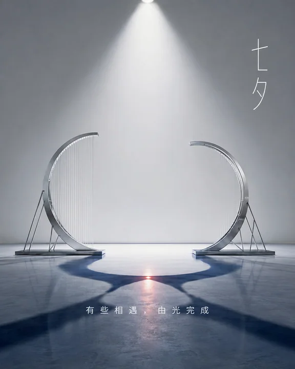 纯白空间下光影交汇的七夕海报