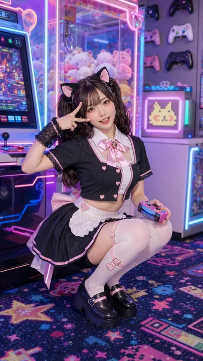 霓虹电竞房内的黑粉猫耳萌系女仆写真