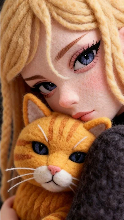 手作り羊毛フェルトの女の子と猫