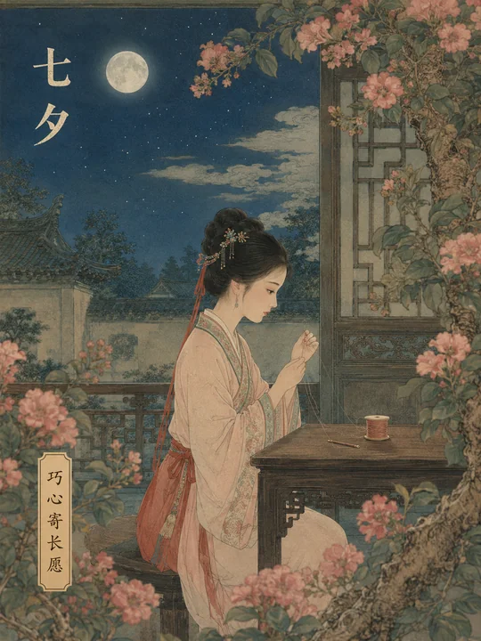 庭院月下乞巧工笔重彩七夕海报
