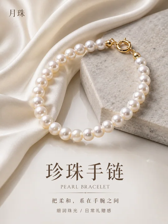 月珠珍珠手链：丝绸与石台上的柔美光泽