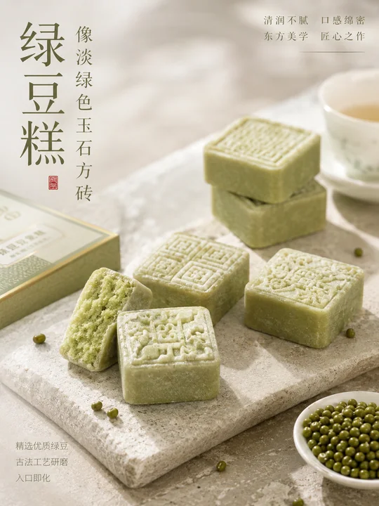 翡翠莹润中式绿豆糕高端礼盒海报