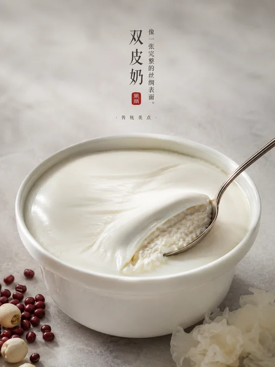 丝滑如绸的双皮奶高级写实甜品海报
