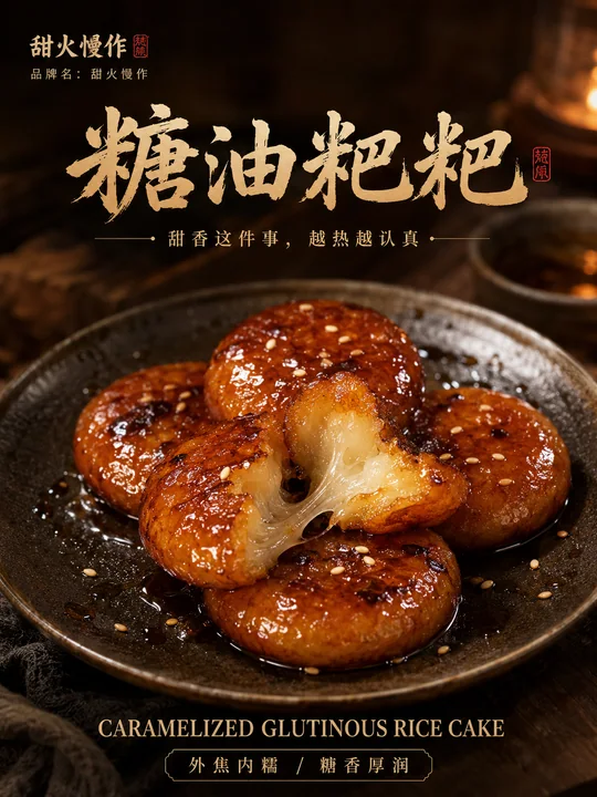 琥珀流光糖油粑粑高端美食海报