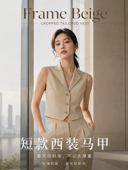 都市轻职场浅卡其短款西装马甲时尚海报