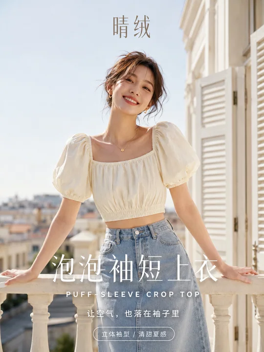 夏日阳光法式阳台泡泡袖时尚海报