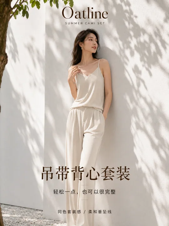 极简燕麦色夏日吊带套装时尚海报