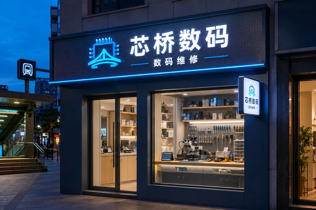 芯桥数码:轻科技感专业维修店门头设计