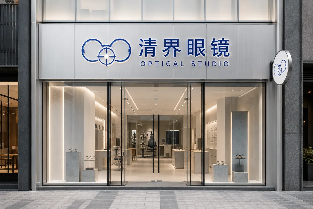 清界眼镜现代极简双层挑高商业门头设计