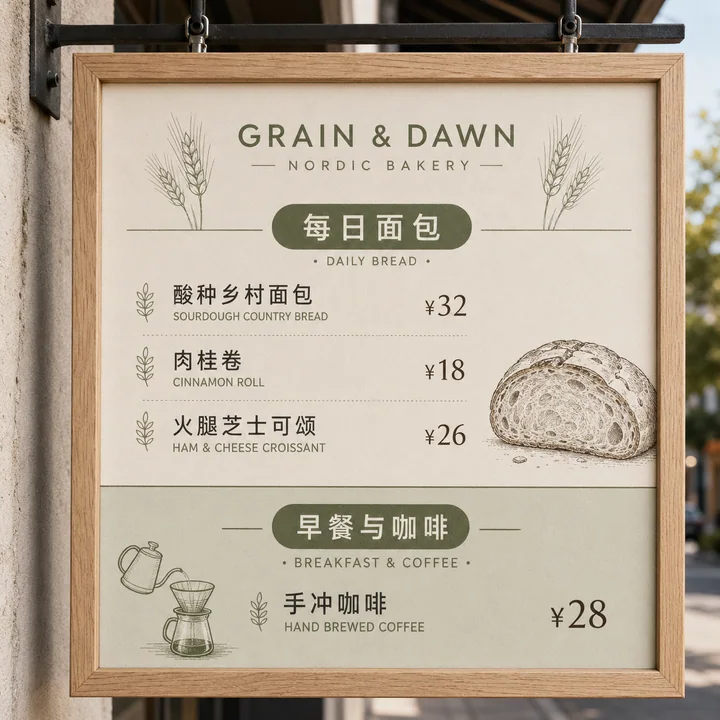 北欧风烘焙店简约悬挂式菜单设计