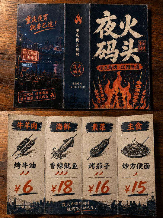 赛博霓虹码头风江湖烧烤折页菜单设计