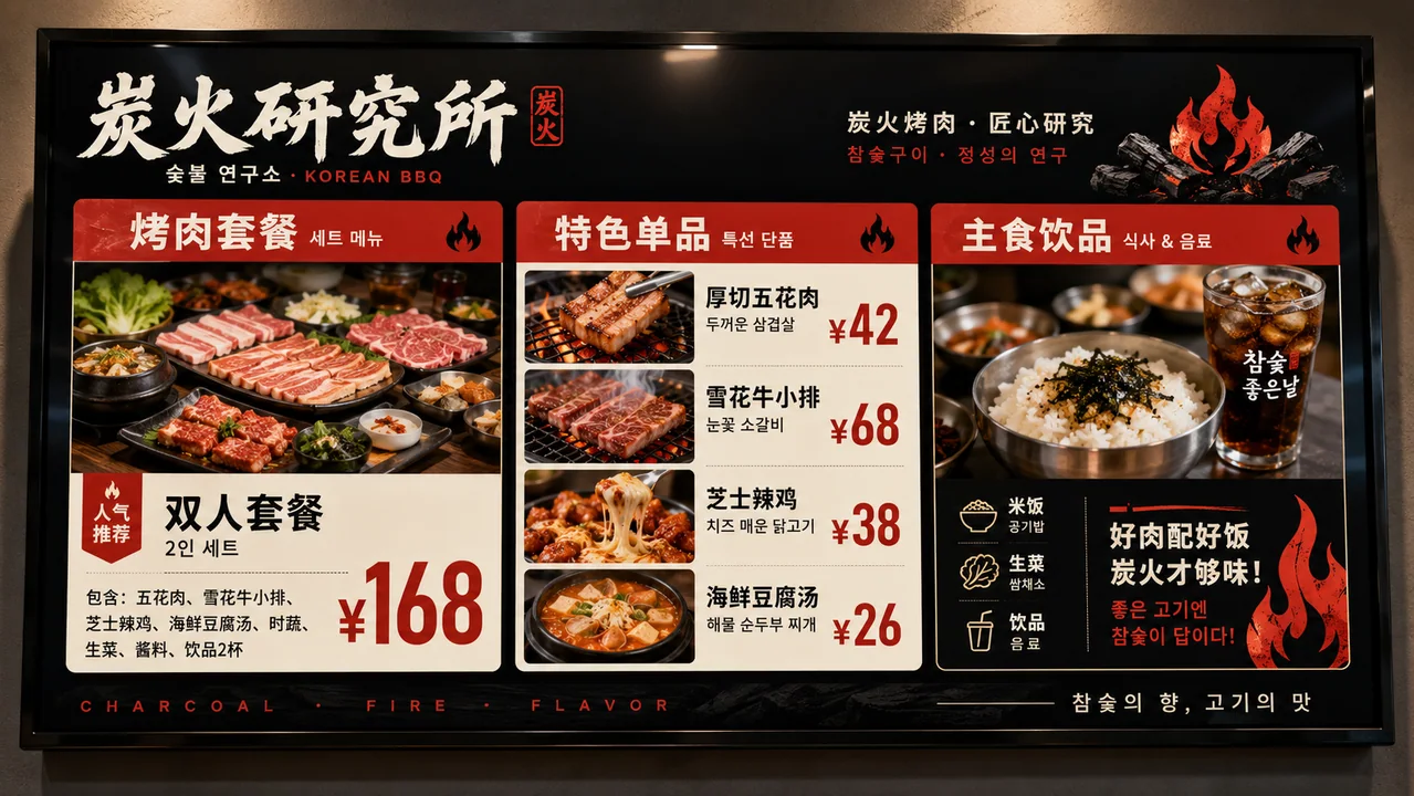 炭火研究所韩式烤肉店现代电子菜单设计
