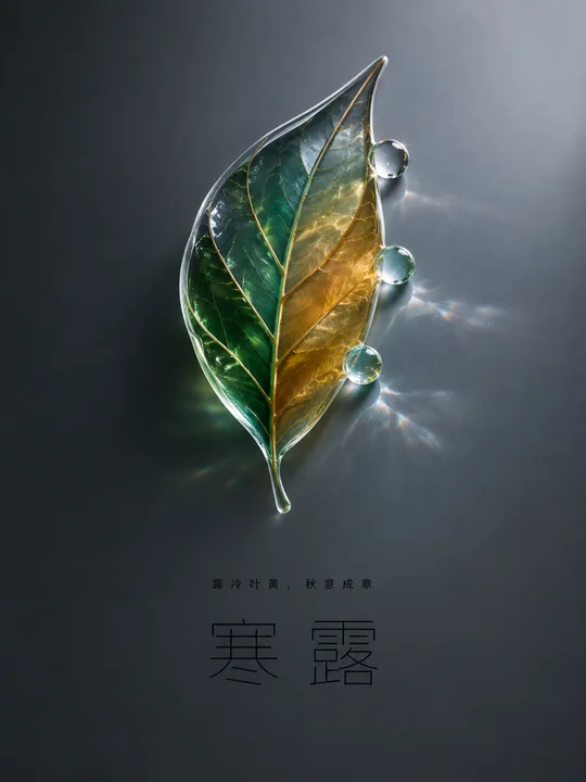 寒露节气晶莹玻璃叶片艺术海报