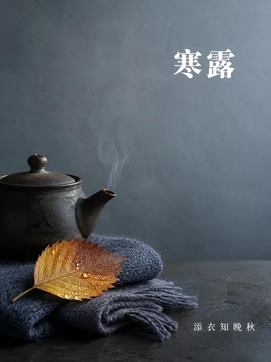 寒露秋意浓深色陶壶与羊毛织物静物海报
