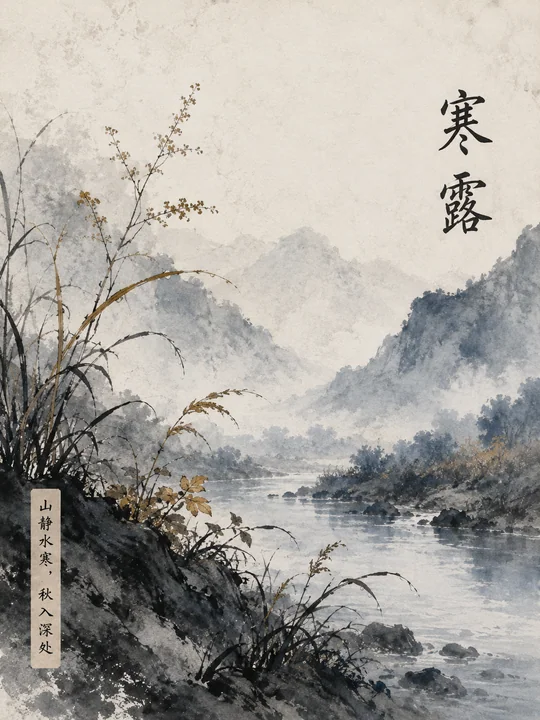 寒露深秋清晨空山溪谷水墨海报