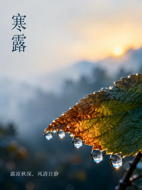 寒露微距：叶尖露珠折射晨光意境海报