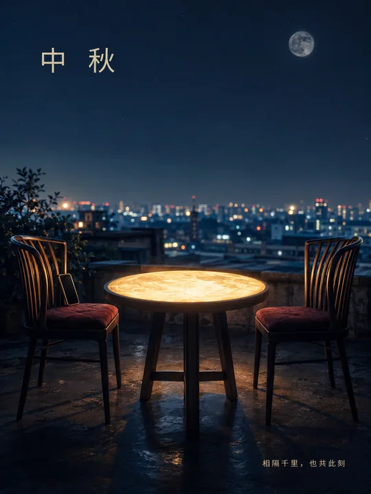 城市天台月影餐桌远程陪伴海报