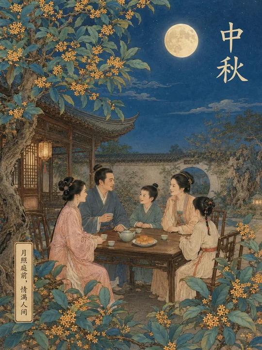 工笔重彩中秋团圆庭院赏月海报