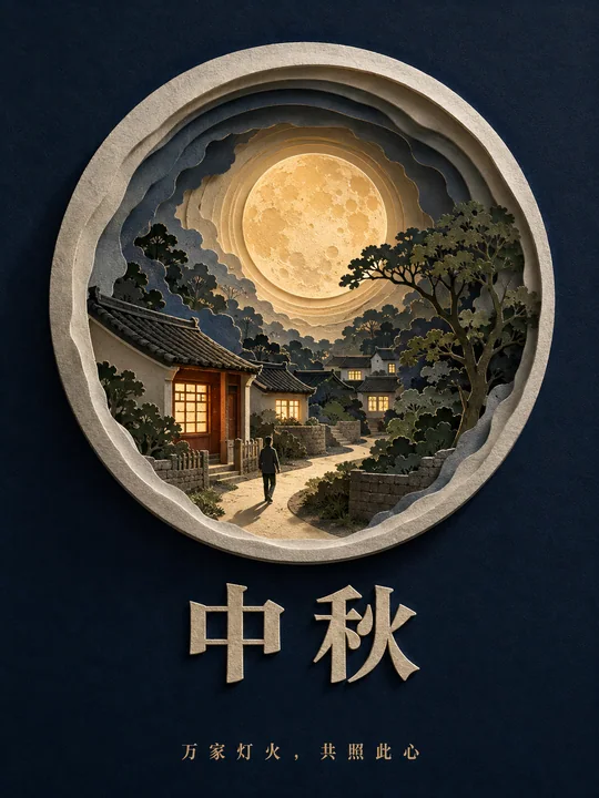中秋纸雕艺术:月影人间万家灯火海报
