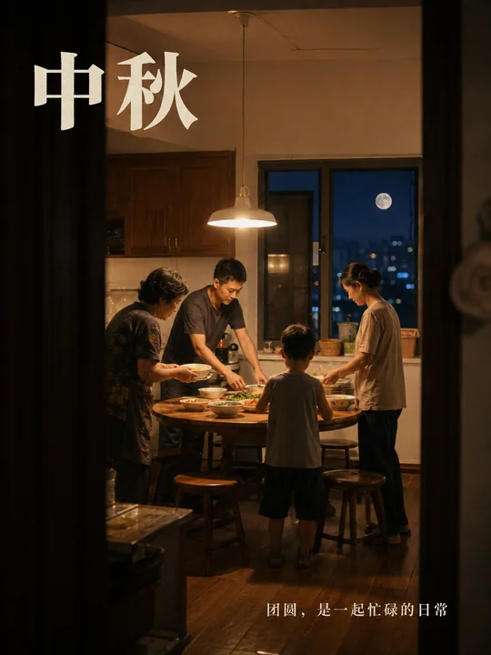 温馨中秋佳节阖家忙碌纪实摄影海报